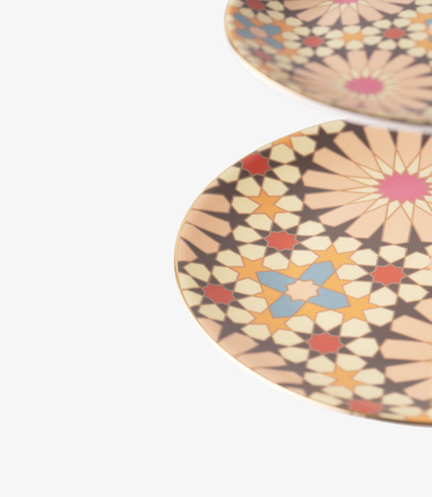 حامل كيك طبقتين بينك جيوماتريك بزخارف هندسية دائرية مع مقبض