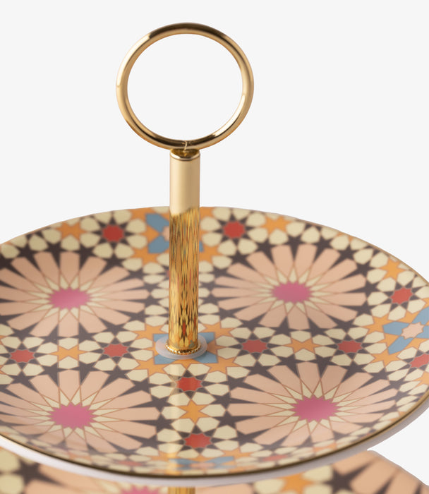 حامل كيك طبقتين بينك جيوماتريك بزخارف هندسية دائرية مع مقبض