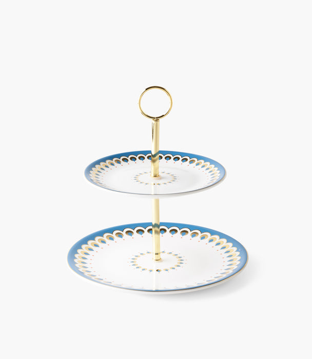 حامل كيك طبقتين بالمارا بورسلين بزخرفة زرقاء مع مقبض ذهبي
