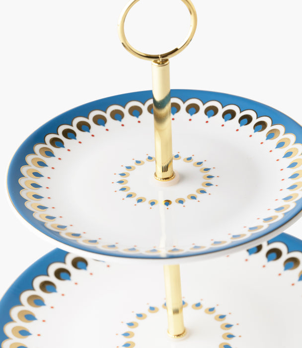 حامل كيك طبقتين بالمارا بورسلين بزخرفة زرقاء مع مقبض ذهبي