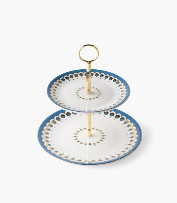 حامل كيك طبقتين بالمارا بورسلين بزخرفة زرقاء مع مقبض ذهبي