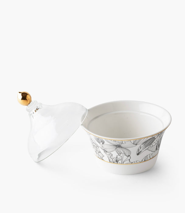 سلطانية تمر فلور دو سوار بورسلين برسوم أزهار مع غطاء زجاجي