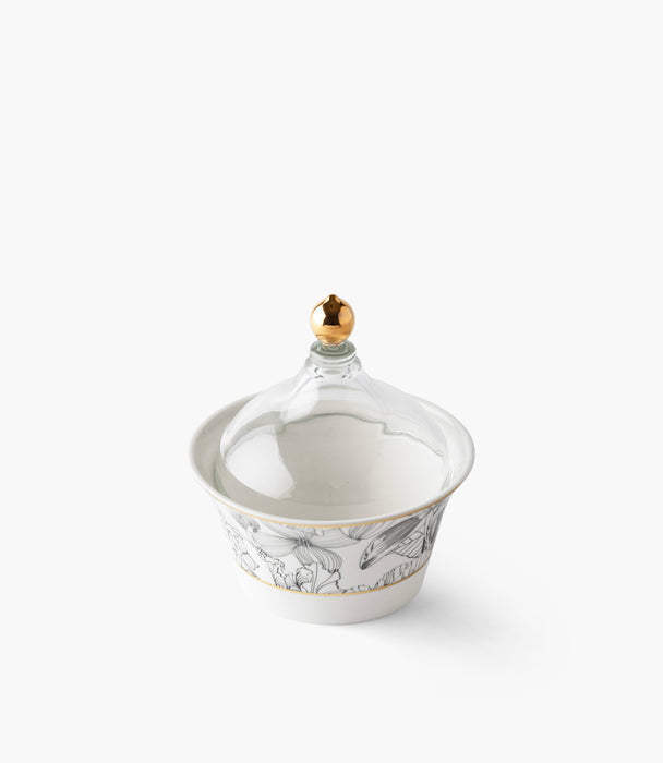 سلطانية تمر فلور دو سوار بورسلين برسوم أزهار مع غطاء زجاجي