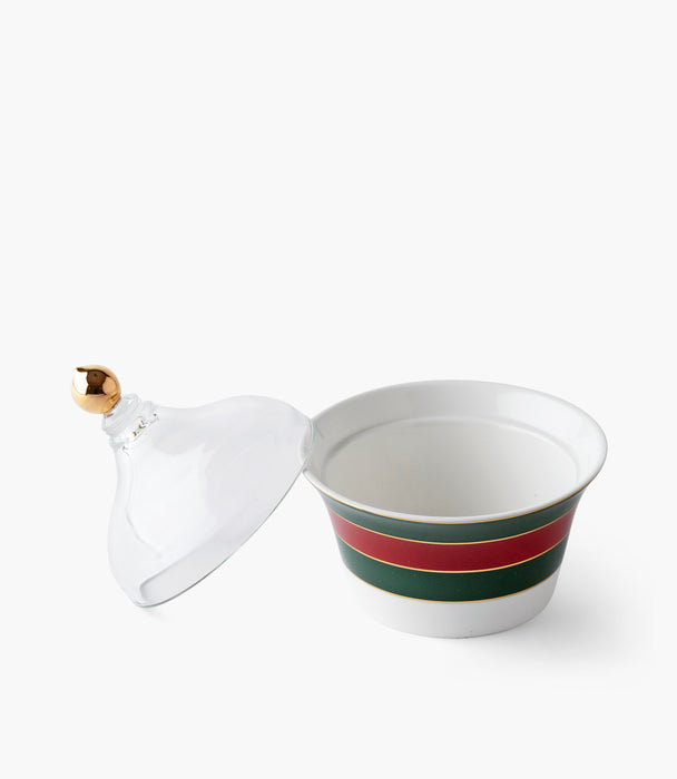 سلطانية تمر واسيم بورسلين مخططة أخضر وأحمر مع غطاء زجاجي