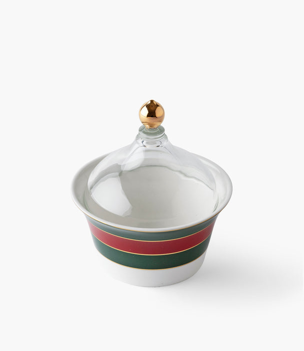 سلطانية تمر واسيم بورسلين مخططة أخضر وأحمر مع غطاء زجاجي