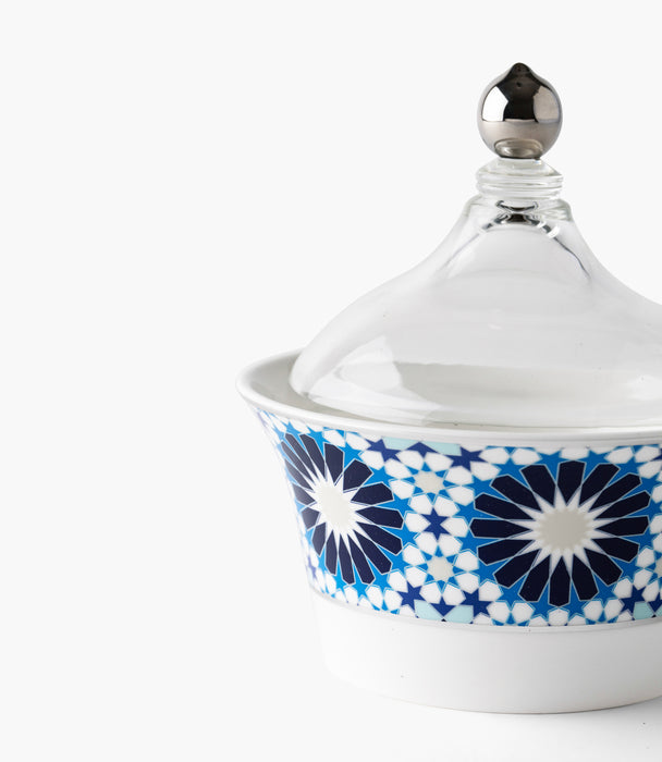 سلطانية تمر بلو جيوماتريك بورسلين بزخارف هندسية مع غطاء