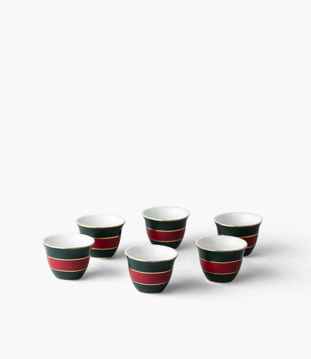 طقم فناجين قهوة عربية واسيم بورسلين مخطط أخضر وأحمر - عدد 6