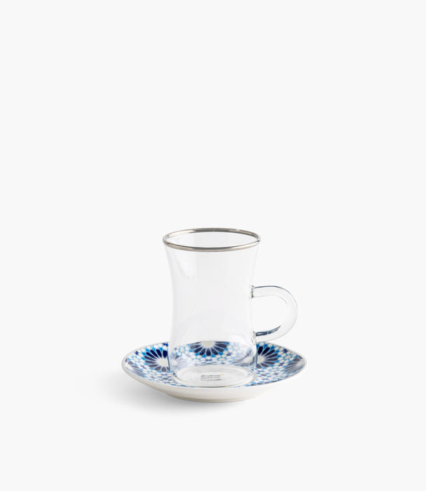 طقم فناجين شاي بلو جيوماتريك مع صحون بورسلين مزخرفة - عدد 12