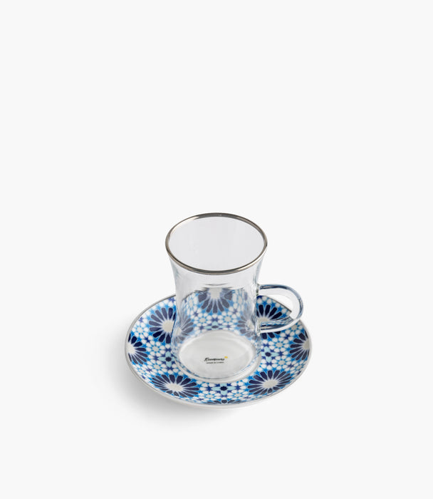 طقم فناجين شاي بلو جيوماتريك مع صحون بورسلين مزخرفة - عدد 12