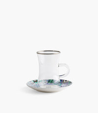 Blue Tiles Plain Glass Teacup with Silver Line w/ Porcelain