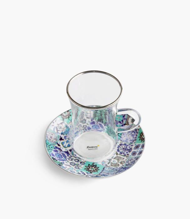 Blue Tiles Plain Glass Teacup with Silver Line w/ Porcelain