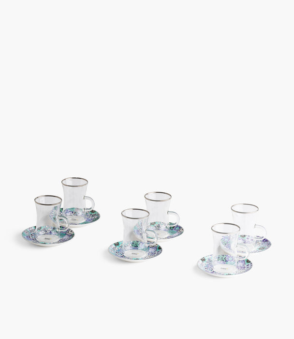 Blue Tiles Plain Glass Teacup with Silver Line w/ Porcelain