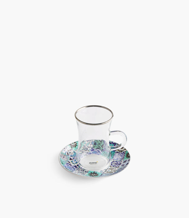 Blue Tiles Plain Glass Teacup with Silver Line w/ Porcelain