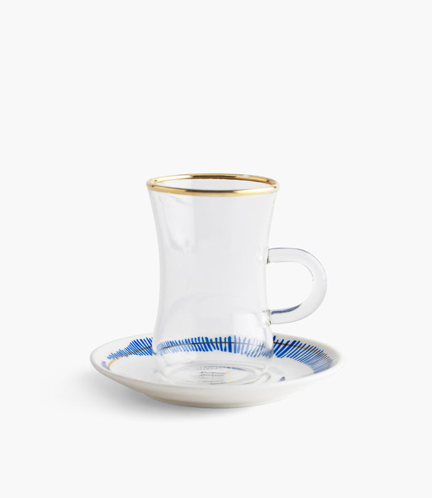 Sharq Plain Glass Teacup with Golden Line w/ Porcelain Sauce