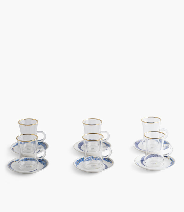 طقم أكواب شاي زجاجية شرق مع صحون خزف صيني - عدد 12