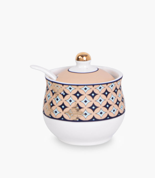 Geo beige Covered Porcelain Sugar Bowl w/ Spoon - Roomours UAE
