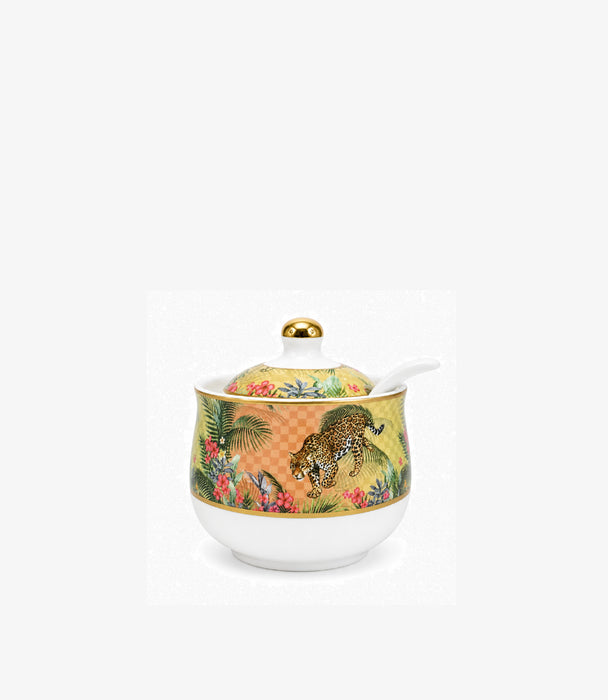 Leopard Covered Porcelain Sugar Bowl w/ Spoon