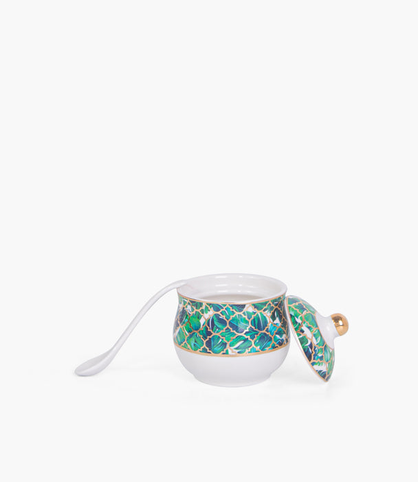 Amazonia Green Gold Covered Porcelain Sugar Bowl w/ Spoon