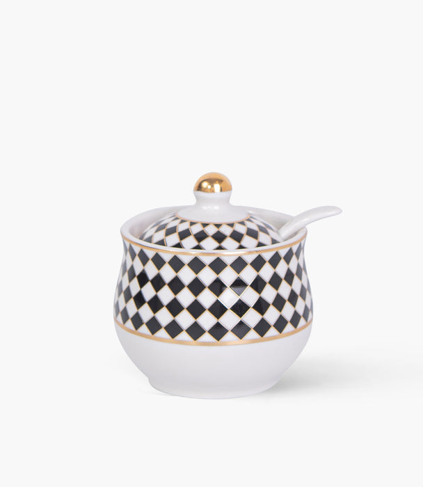 Circus Black&White/Gold Covered Porcelain Sugar Bowl w/ Spoo