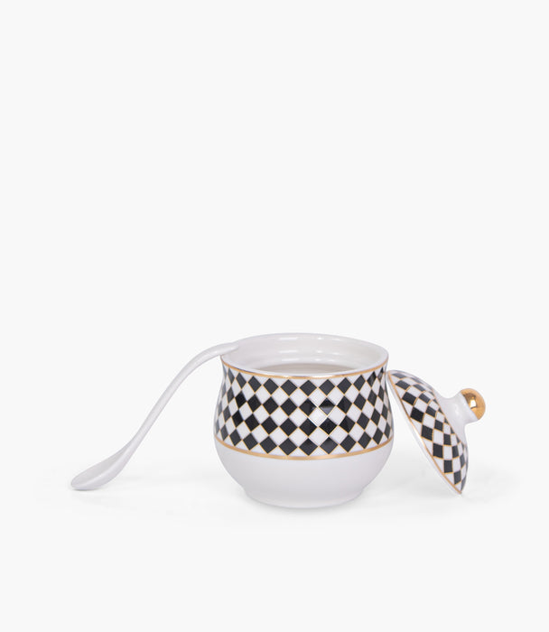 Circus Black&White/Gold Covered Porcelain Sugar Bowl w/ Spoo