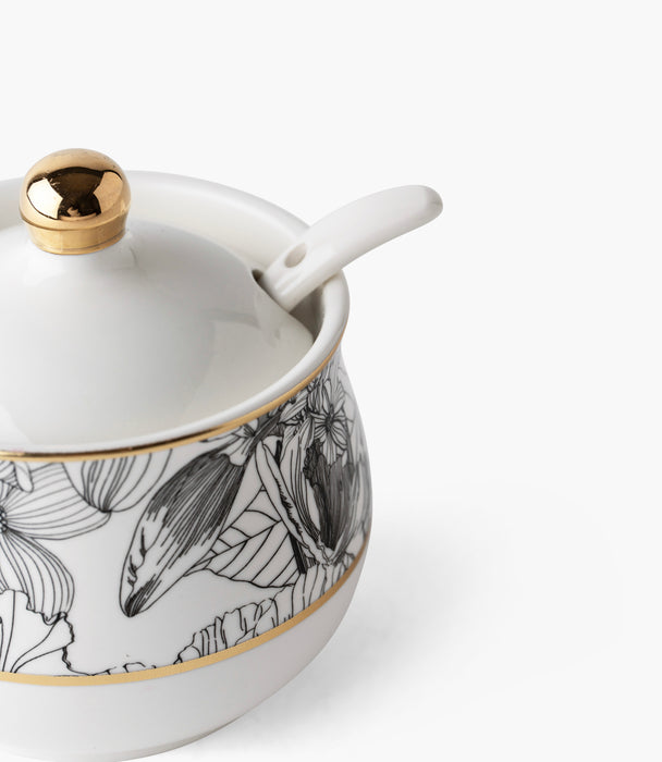 وعاء سكر فلور دو سوار بورسلين برسوم أزهار مع ملعقة وغطاء