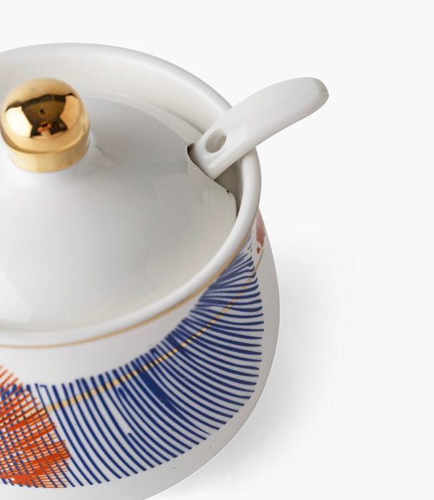 وعاء سكر شرق خزف صيني بزخارف ملونة مع ملعقة