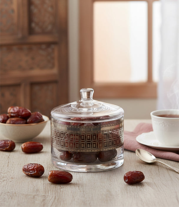 علبة حلوى بالاس شيك زجاجية شفافة صغيرة بزخارف هندسية مع غطاء