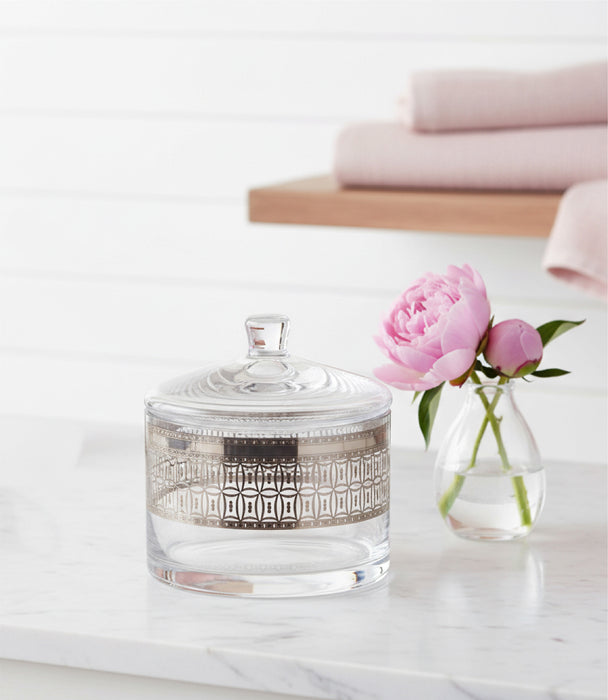 علبة حلوى بالاس شيك زجاجية شفافة صغيرة بزخارف هندسية مع غطاء