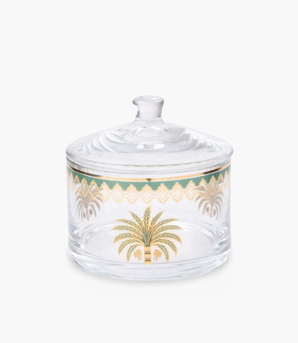 علبة حلوى بالم زجاجية شفافة صغيرة برسوم نخيل مع غطاء