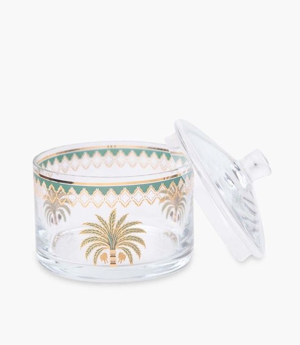 علبة حلوى بالم زجاجية شفافة صغيرة برسوم نخيل مع غطاء