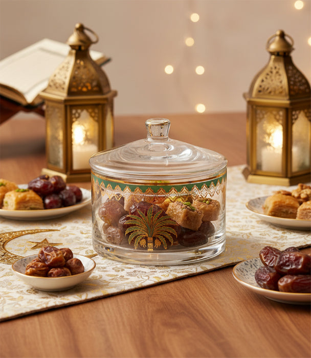 علبة حلوى بالم زجاجية شفافة صغيرة برسوم نخيل مع غطاء
