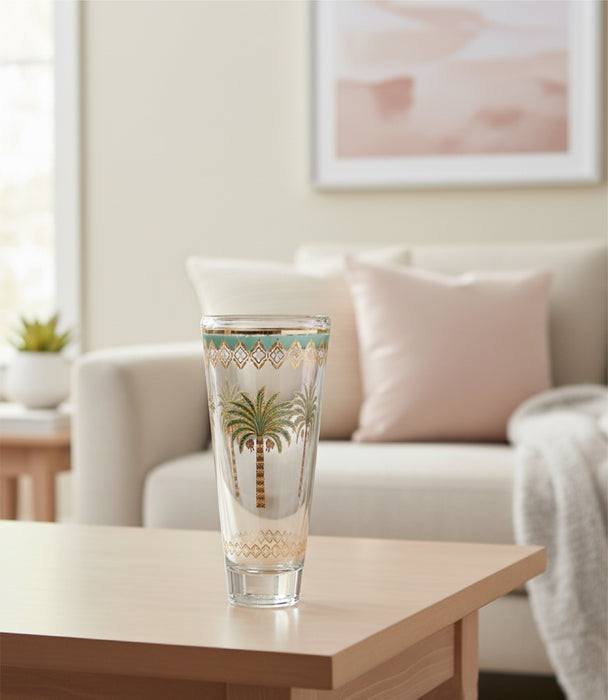 مزهرية بالم زجاجية شفافة برسوم نخيل