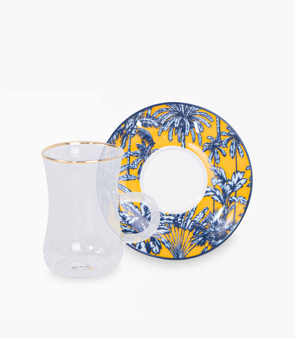 Summer Palm-Yellow Plain  Glass Teacup Porcelain Saucer (S/6