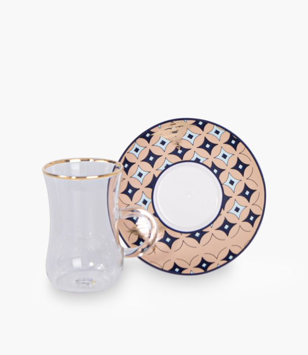 Geo beige Glass Teacup & Porcelain Saucer (S/6)