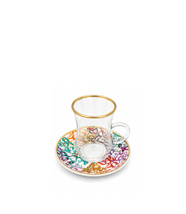 Arabic Letters Glass Teacup & Porcelain Saucer (S/6)