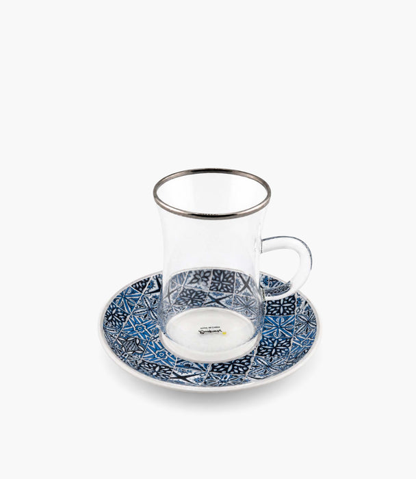 Andalusia Blue D3 Plain Glass Teacup&Porcelain Saucer(S/6)