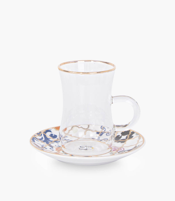 Blue Flower Gold Glass Teacup & Porcelain Saucer (S/6) - Roomours UAE