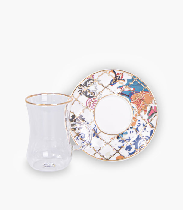Blue Flower Gold Glass Teacup & Porcelain Saucer (S/6)