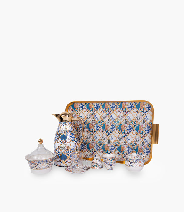 Blue Flower Gold Glass Teacup & Porcelain Saucer (S/6)