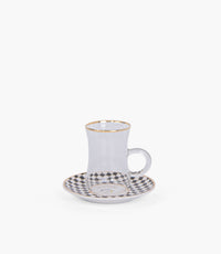 Circus Black& White/Gold Glass Teacup Porcelain Saucer (S/6)