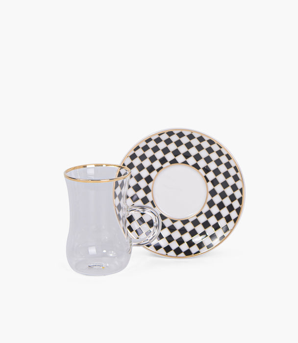 Circus Black& White/Gold Glass Teacup Porcelain Saucer (S/6)