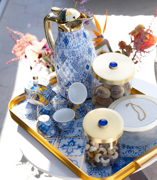 Blue Gold Glass Teacup & Porcelain Saucer (S/6)