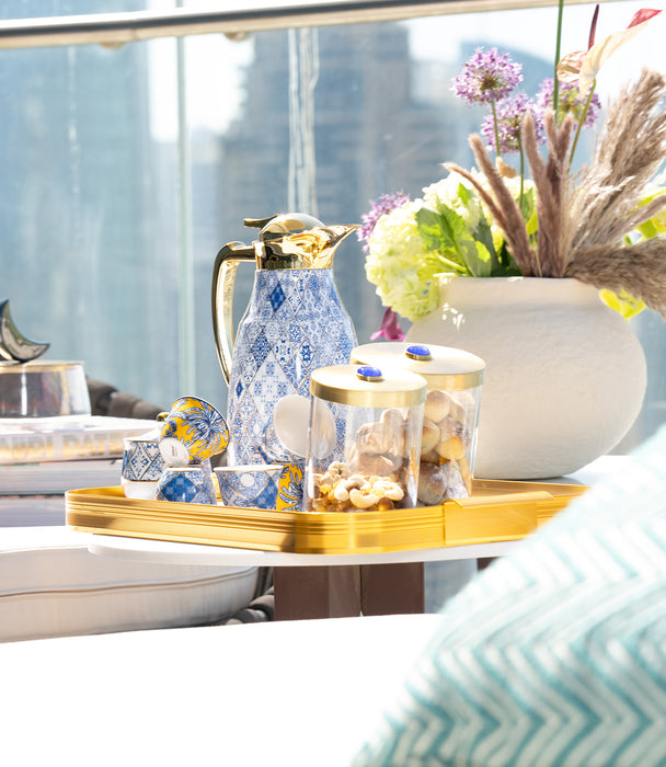 Blue Gold Glass Teacup & Porcelain Saucer (S/6)