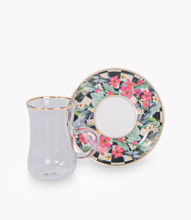 Scultura flower gold Glass Teacup & Porcelain Saucer (S/6)