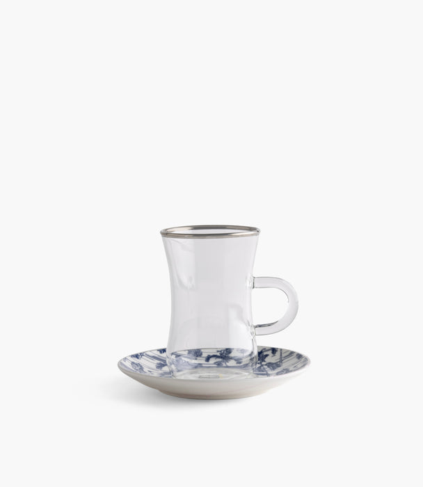 Voyage Plain Glass Teacup with Silver Line w/ Porcelain Sauc