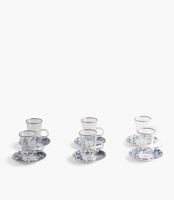Voyage Plain Glass Teacup with Silver Line w/ Porcelain Sauc