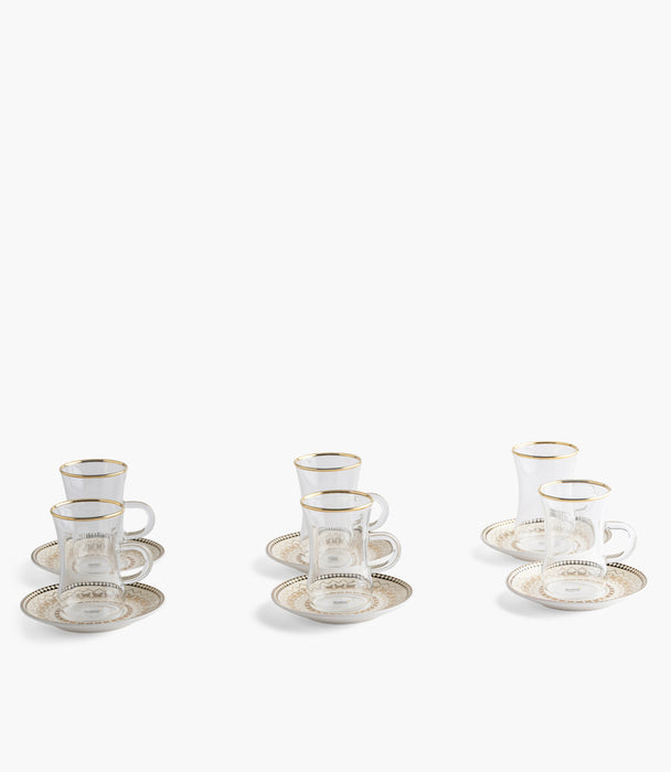 طقم فناجين شاي مرايا بيرل زجاج مع صحون بورسلين - عدد 12