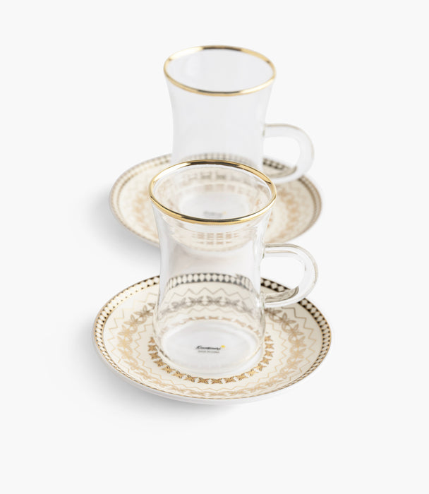 طقم فناجين شاي مرايا بيرل زجاج مع صحون بورسلين - عدد 12