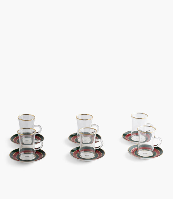 طقم فناجين شاي واسيم مع صحون بورسلين مخططة - عدد 12