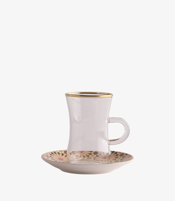 Naqsh Beige/Pink Plain Glass Teacup with Porcelain Saucer